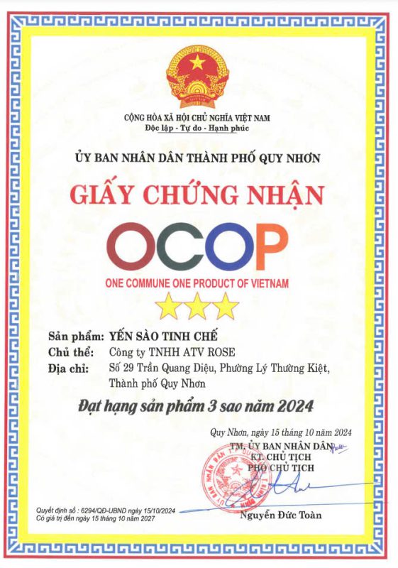 Chứng nhận OCOP 3 Sao 2024 của Yến Nhà Hồng